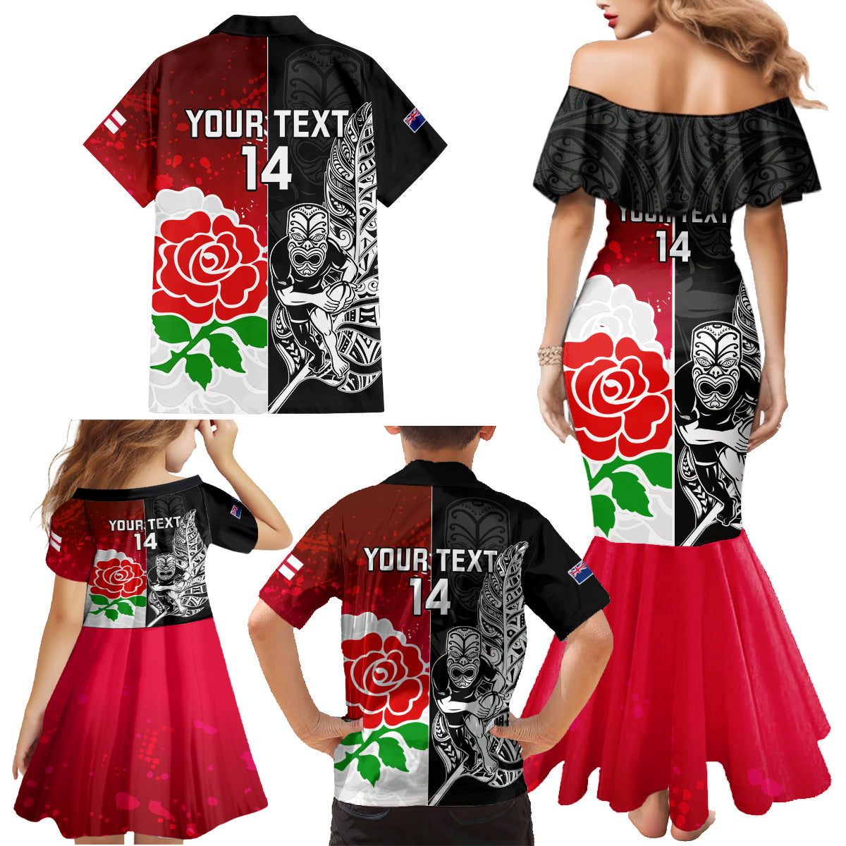 Custom New Zealand And England Rugby Family Matching Mermaid Dress and Hawaiian Shirt 2023 World Cup All Black Combine Red Roses LT14 - Polynesian Pride