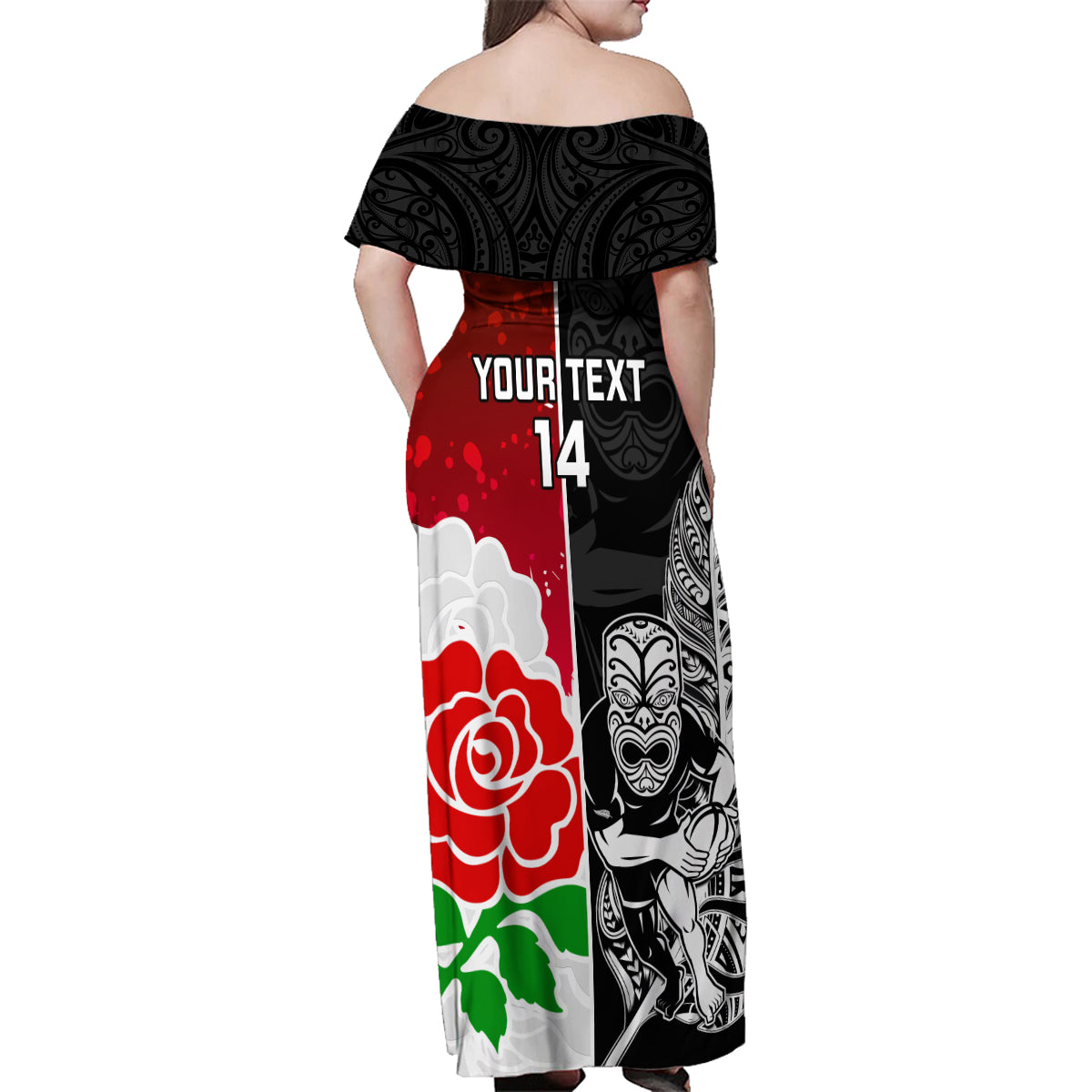 Custom New Zealand And England Rugby Family Matching Off Shoulder Maxi Dress and Hawaiian Shirt 2023 World Cup All Black Combine Red Roses LT14 - Polynesian Pride