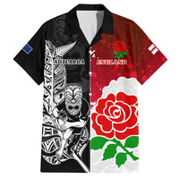 Custom New Zealand And England Rugby Family Matching Puletasi Dress and Hawaiian Shirt 2023 World Cup All Black Combine Red Roses LT14 Dad's Shirt - Short Sleeve Black - Polynesian Pride