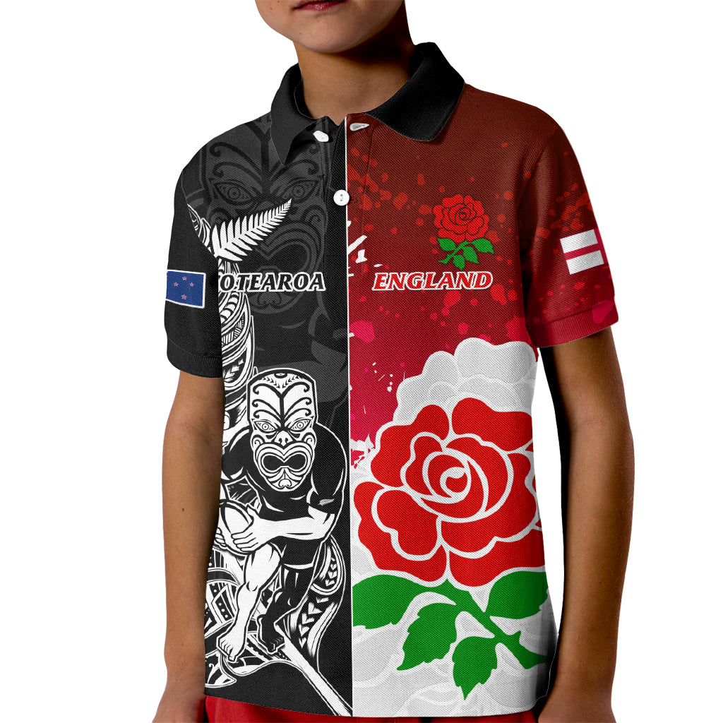 Custom New Zealand And England Rugby Kid Polo Shirt 2023 World Cup All Black Combine Red Roses LT14 Kid Black - Polynesian Pride