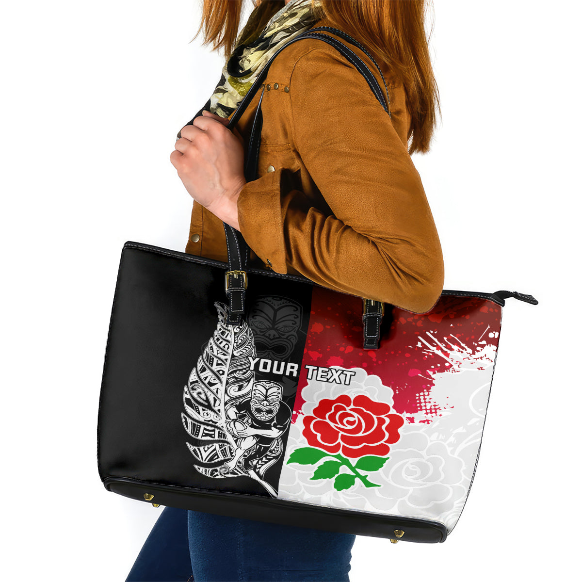 Custom New Zealand And England Rugby Leather Tote Bag 2023 World Cup All Black Combine Red Roses LT14 Black - Polynesian Pride