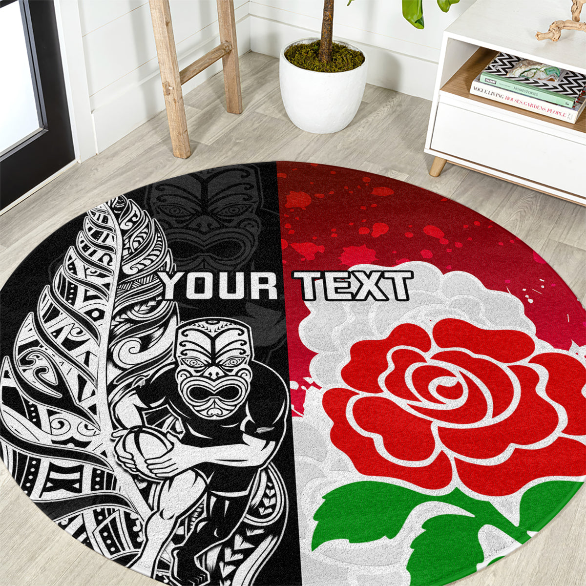 Custom New Zealand And England Rugby Round Carpet 2023 World Cup All Black Combine Red Roses LT14 Black - Polynesian Pride