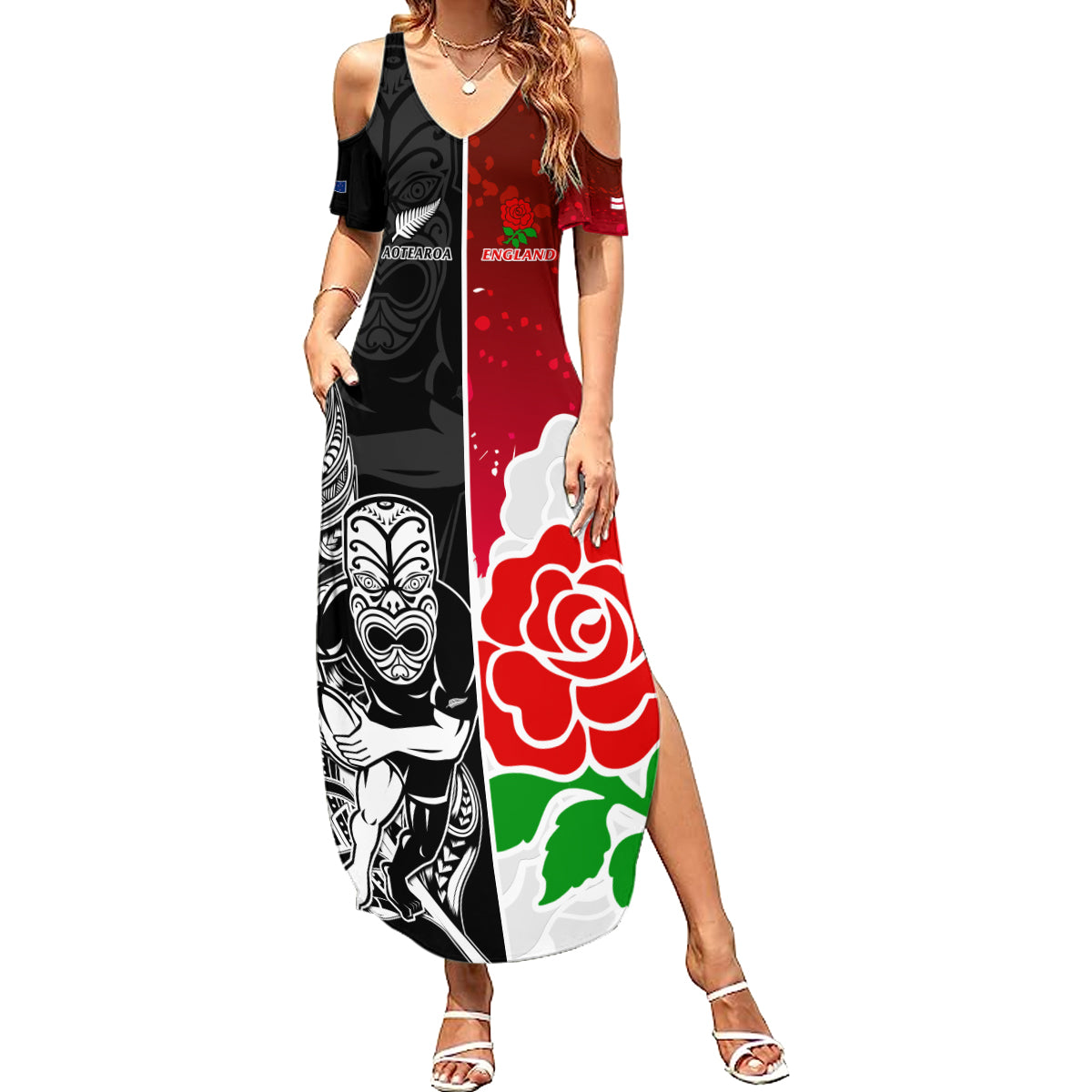 Custom New Zealand And England Rugby Summer Maxi Dress 2023 World Cup All Black Combine Red Roses LT14 Women Black - Polynesian Pride