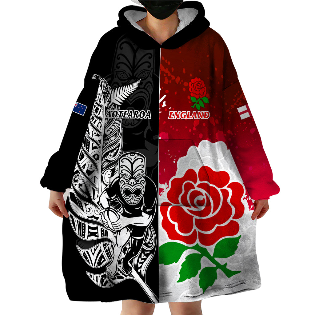 Custom New Zealand And England Rugby Wearable Blanket Hoodie 2023 World Cup All Black Combine Red Roses LT14 - Polynesian Pride
