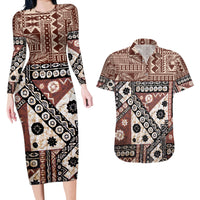 Bula Fiji Couples Matching Long Sleeve Bodycon Dress and Hawaiian Shirt Unique Masi Tapa Pattern LT14 Brown - Polynesian Pride