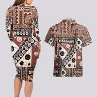 Bula Fiji Couples Matching Long Sleeve Bodycon Dress and Hawaiian Shirt Unique Masi Tapa Pattern LT14 - Polynesian Pride