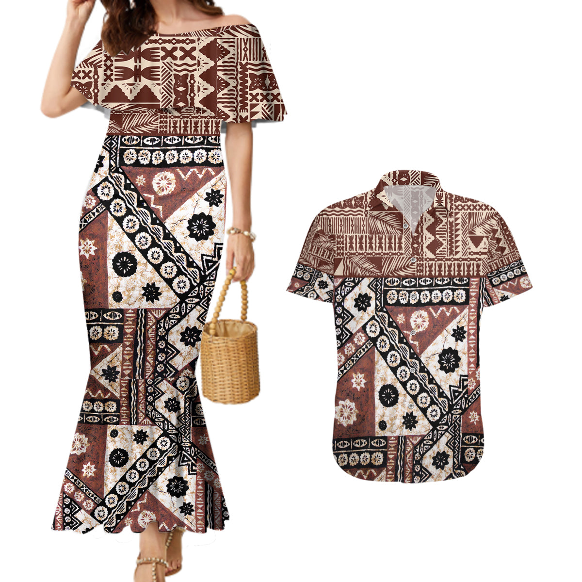 Bula Fiji Couples Matching Mermaid Dress and Hawaiian Shirt Unique Masi Tapa Pattern LT14 Brown - Polynesian Pride