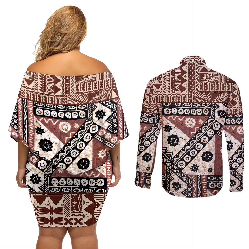 Bula Fiji Couples Matching Off Shoulder Short Dress and Long Sleeve Button Shirt Unique Masi Tapa Pattern LT14 - Polynesian Pride