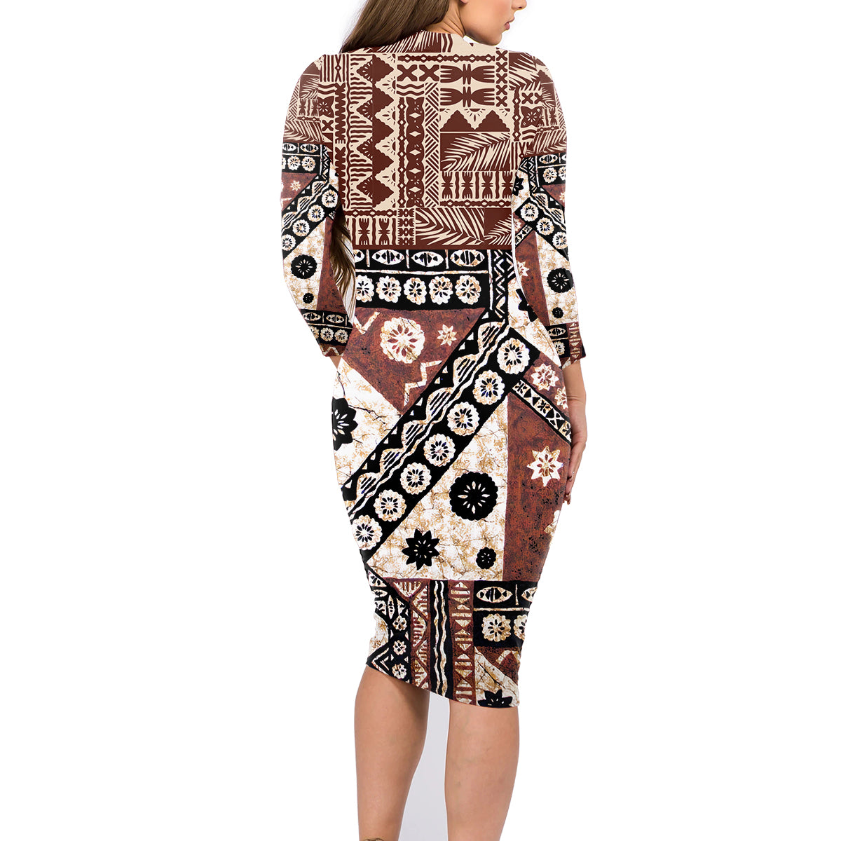 Bula Fiji Family Matching Long Sleeve Bodycon Dress and Hawaiian Shirt Unique Masi Tapa Pattern LT14 - Polynesian Pride
