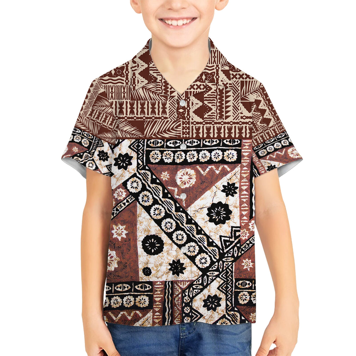 Bula Fiji Family Matching Puletasi Dress and Hawaiian Shirt Unique Masi Tapa Pattern LT14 Son's Shirt Brown - Polynesian Pride