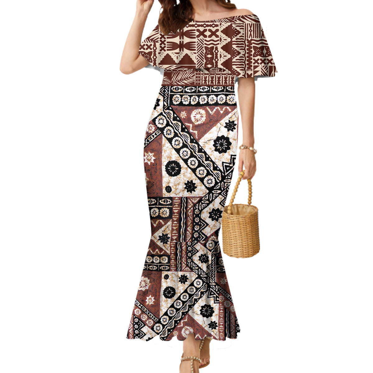 Bula Fiji Mermaid Dress Unique Masi Tapa Pattern LT14 Women Brown - Polynesian Pride