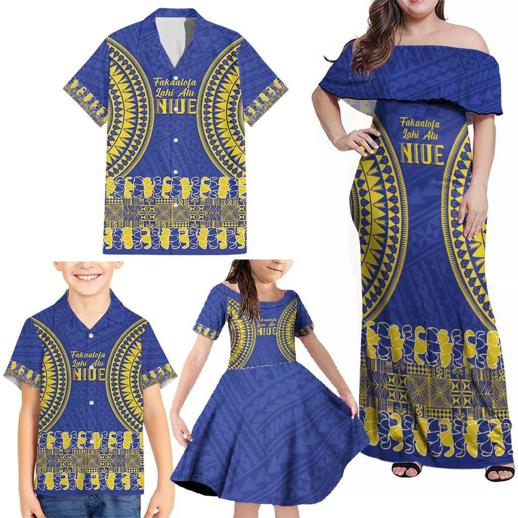 Fakaalofa Lahi Atu Niue Family Matching Off Shoulder Maxi Dress and Hawaiian Shirt Siapo Pattern With Puakenikeni