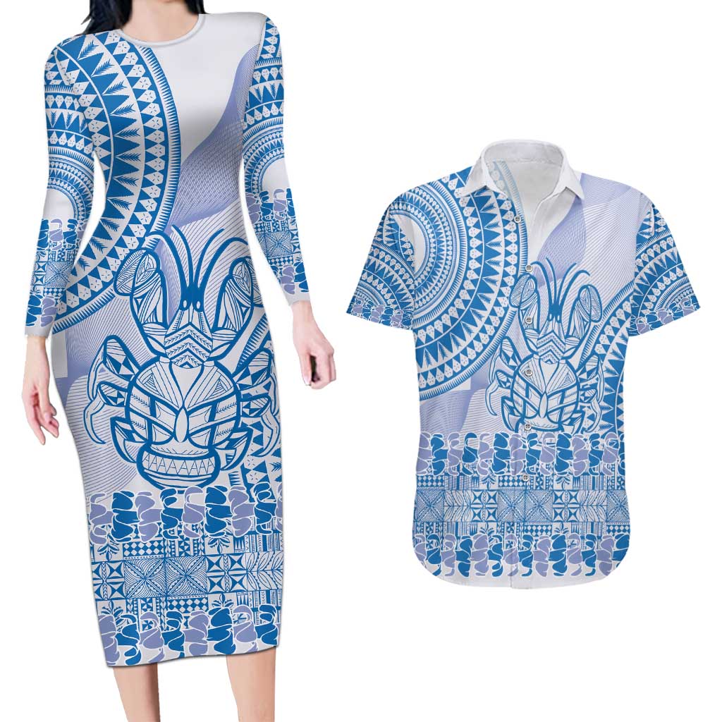 Niue Language Week Couples Matching Long Sleeve Bodycon Dress and Hawaiian Shirt The Rock Coconut Crab - Siapo Blue Pastel