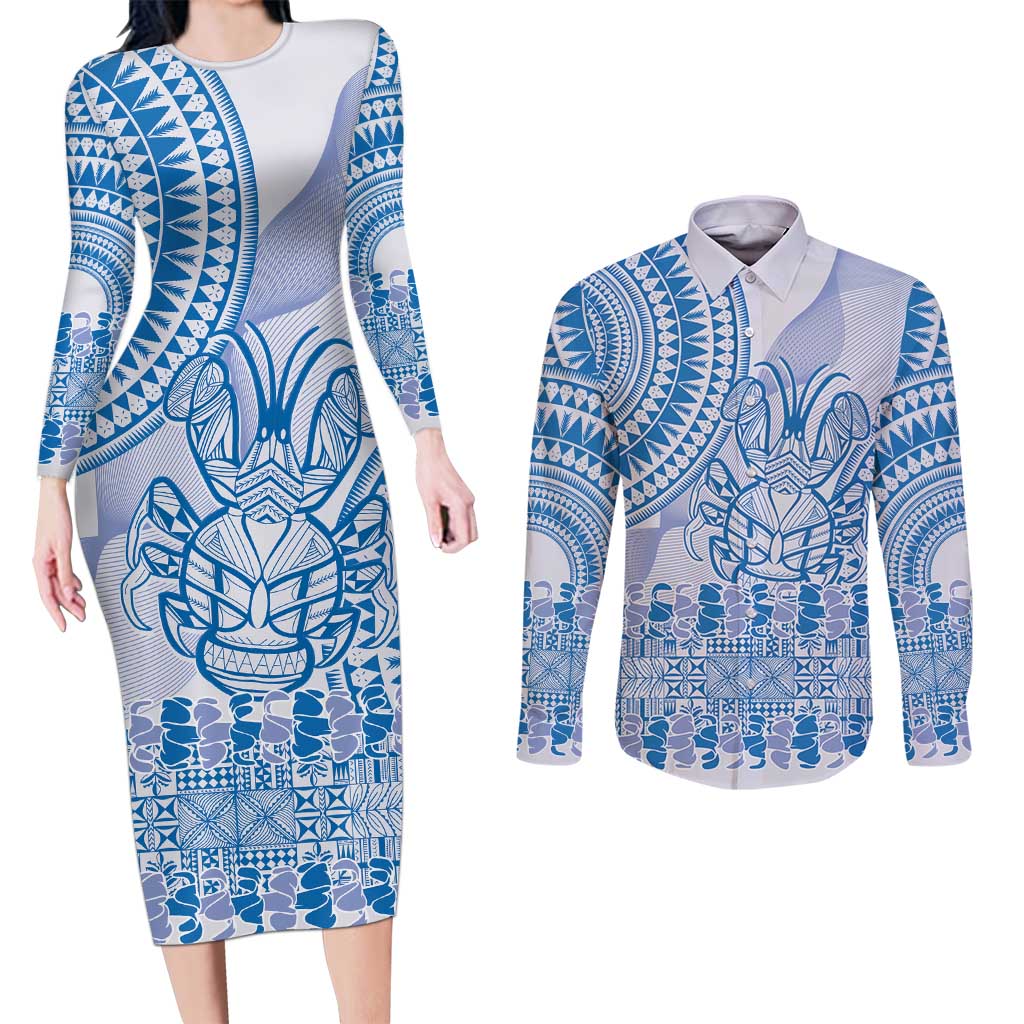 Niue Language Week Couples Matching Long Sleeve Bodycon Dress and Long Sleeve Button Shirt The Rock Coconut Crab - Siapo Blue Pastel