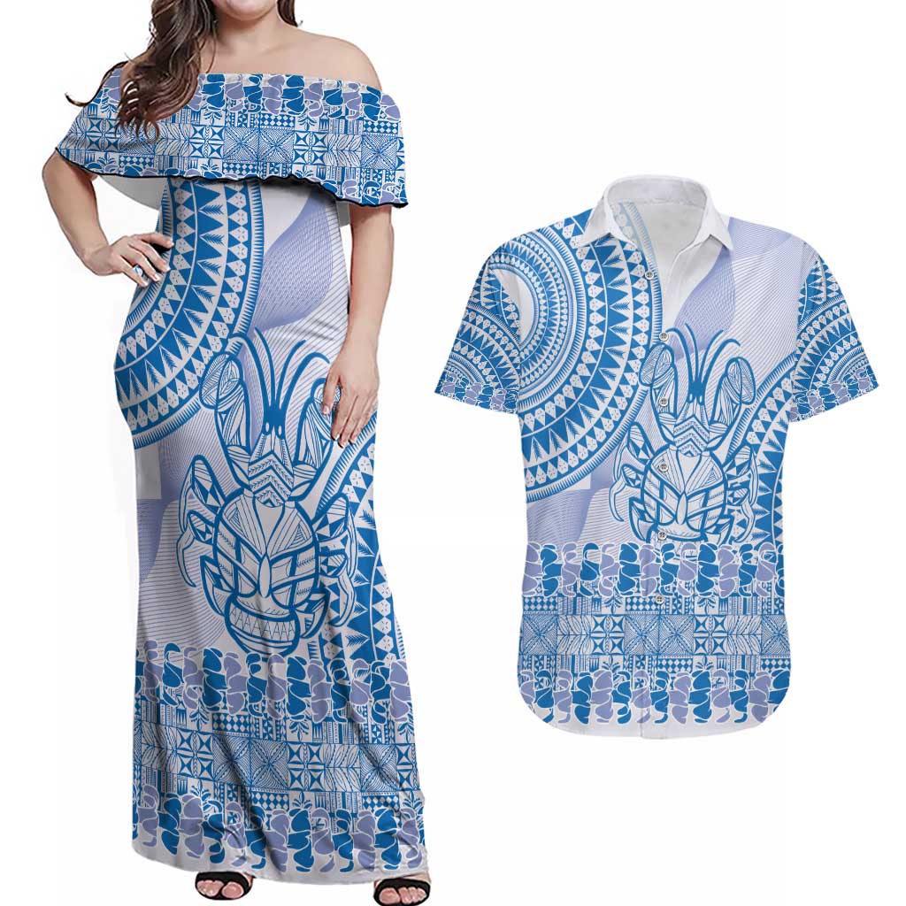 Niue Language Week Couples Matching Off Shoulder Maxi Dress and Hawaiian Shirt The Rock Coconut Crab - Siapo Blue Pastel