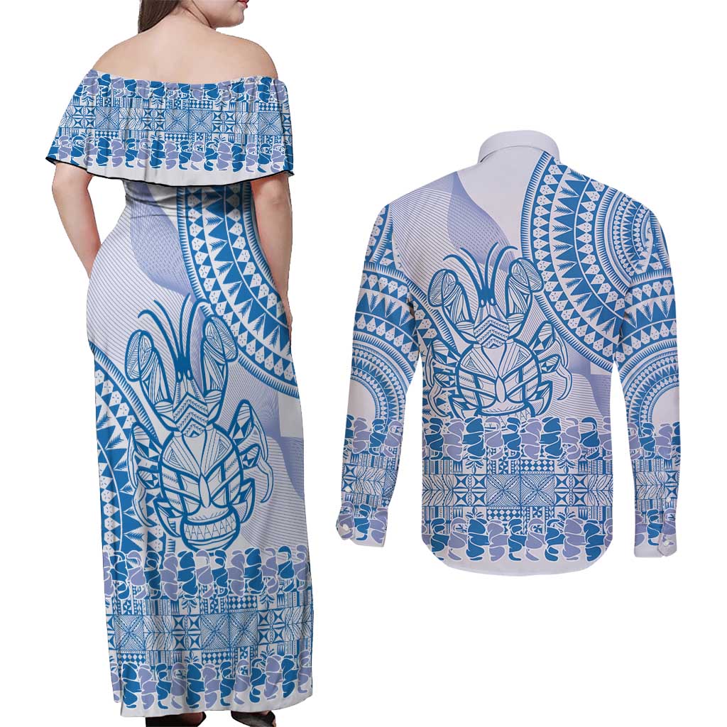 Niue Language Week Couples Matching Off Shoulder Maxi Dress and Long Sleeve Button Shirt The Rock Coconut Crab - Siapo Blue Pastel