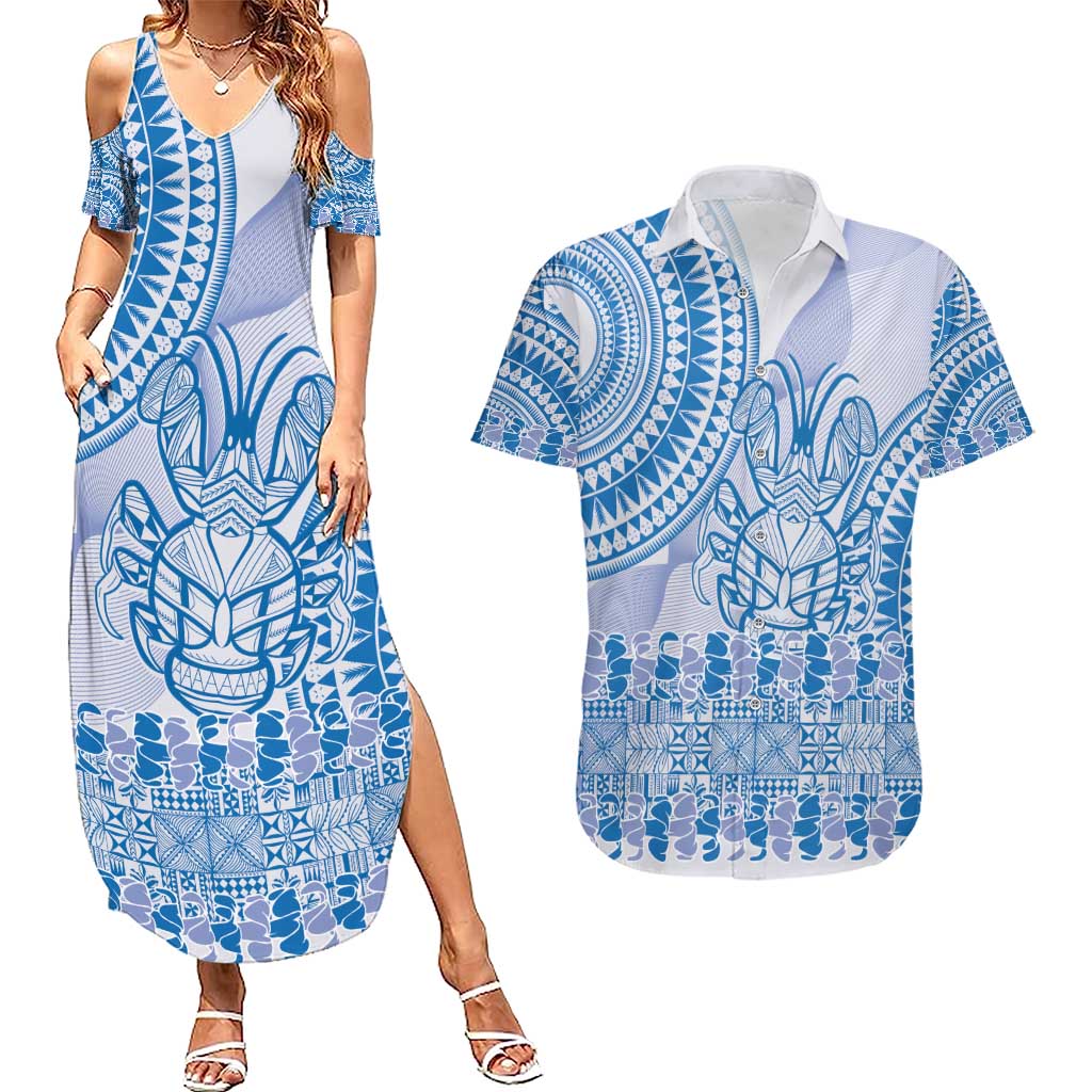 Niue Language Week Couples Matching Summer Maxi Dress and Hawaiian Shirt The Rock Coconut Crab - Siapo Blue Pastel