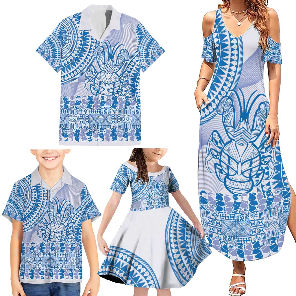 Niue Language Week Family Matching Summer Maxi Dress and Hawaiian Shirt The Rock Coconut Crab - Siapo Blue Pastel