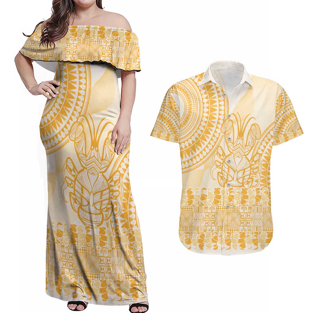 Niue Language Week Couples Matching Off Shoulder Maxi Dress and Hawaiian Shirt The Rock Coconut Crab - Siapo Gold Pastel