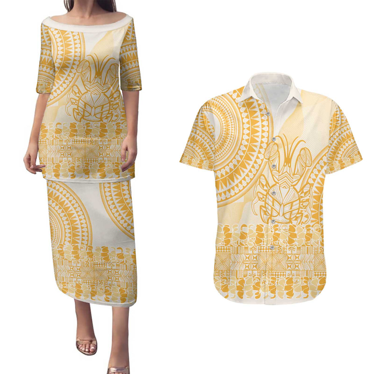 Niue Language Week Couples Matching Puletasi and Hawaiian Shirt The Rock Coconut Crab - Siapo Gold Pastel