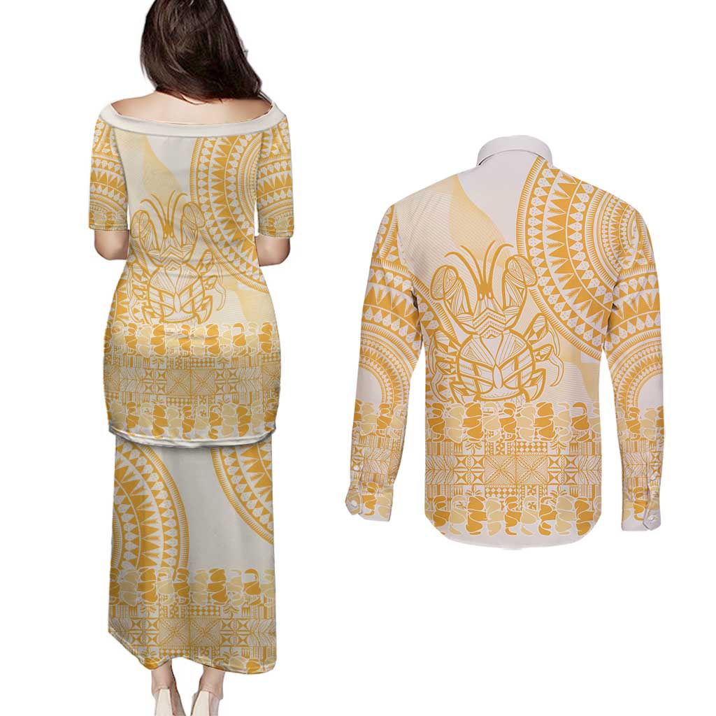 Niue Language Week Couples Matching Puletasi and Long Sleeve Button Shirt The Rock Coconut Crab - Siapo Gold Pastel