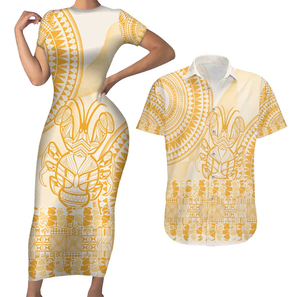 Niue Language Week Couples Matching Short Sleeve Bodycon Dress and Hawaiian Shirt The Rock Coconut Crab - Siapo Gold Pastel