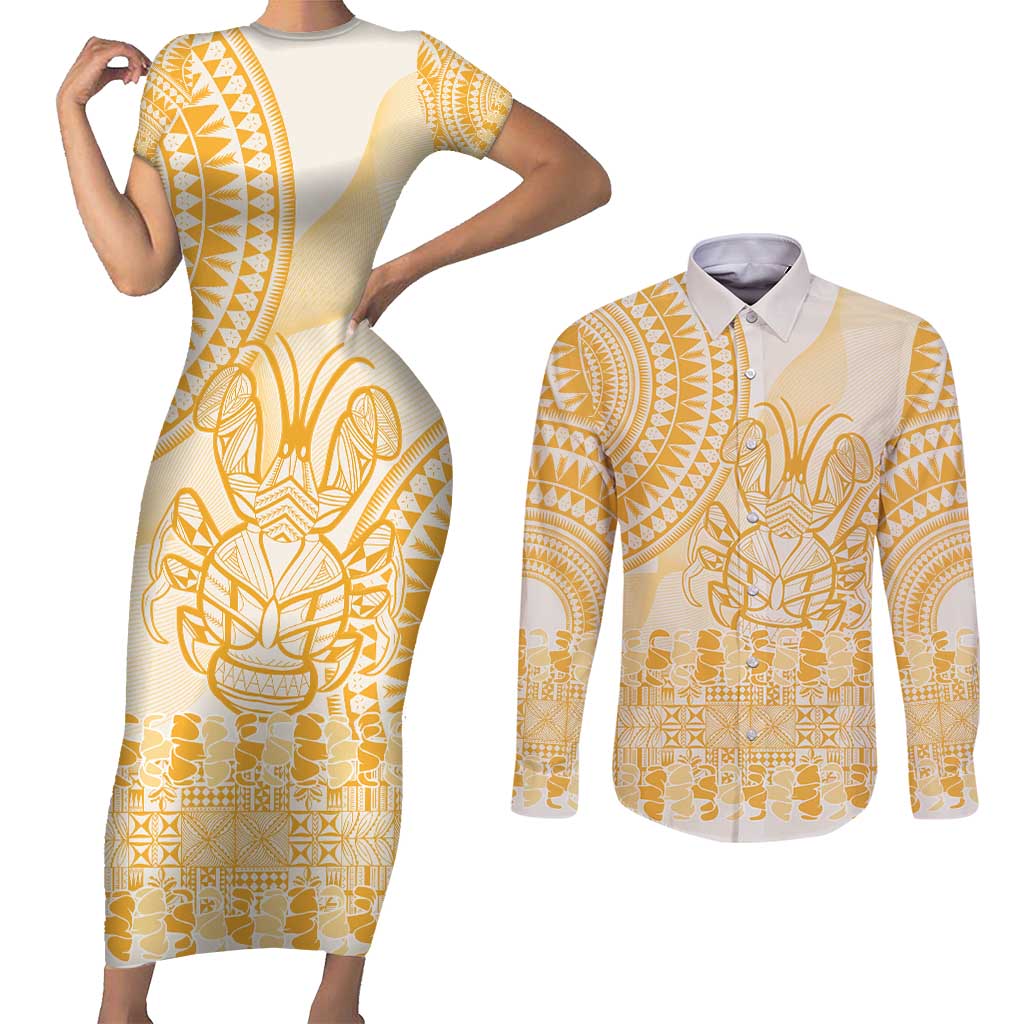 Niue Language Week Couples Matching Short Sleeve Bodycon Dress and Long Sleeve Button Shirt The Rock Coconut Crab - Siapo Gold Pastel