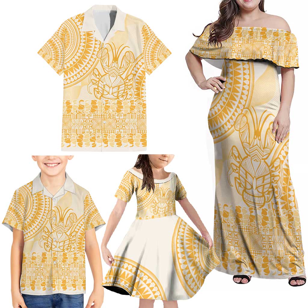 Niue Language Week Family Matching Off Shoulder Maxi Dress and Hawaiian Shirt The Rock Coconut Crab - Siapo Gold Pastel