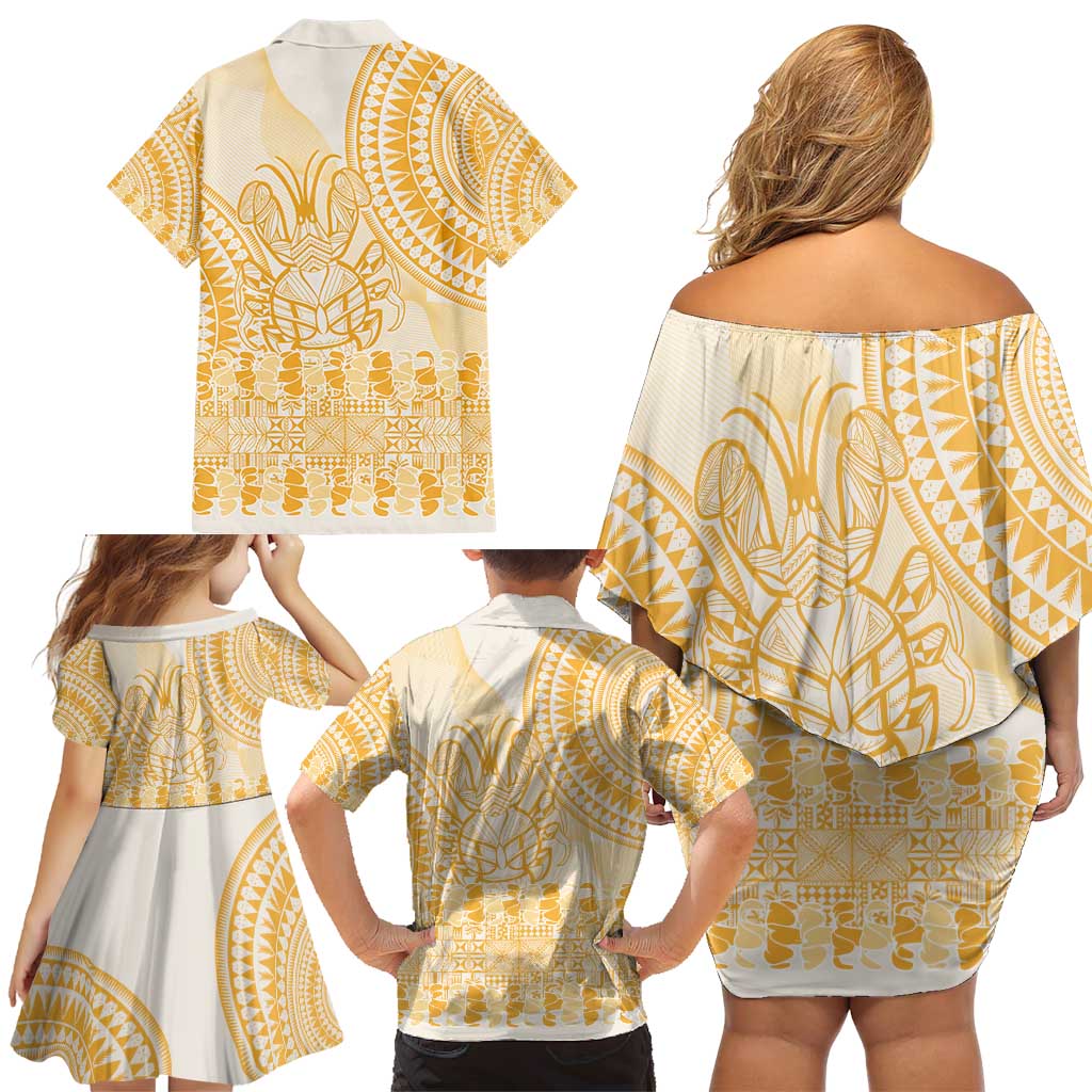 Niue Language Week Family Matching Off Shoulder Short Dress and Hawaiian Shirt The Rock Coconut Crab - Siapo Gold Pastel