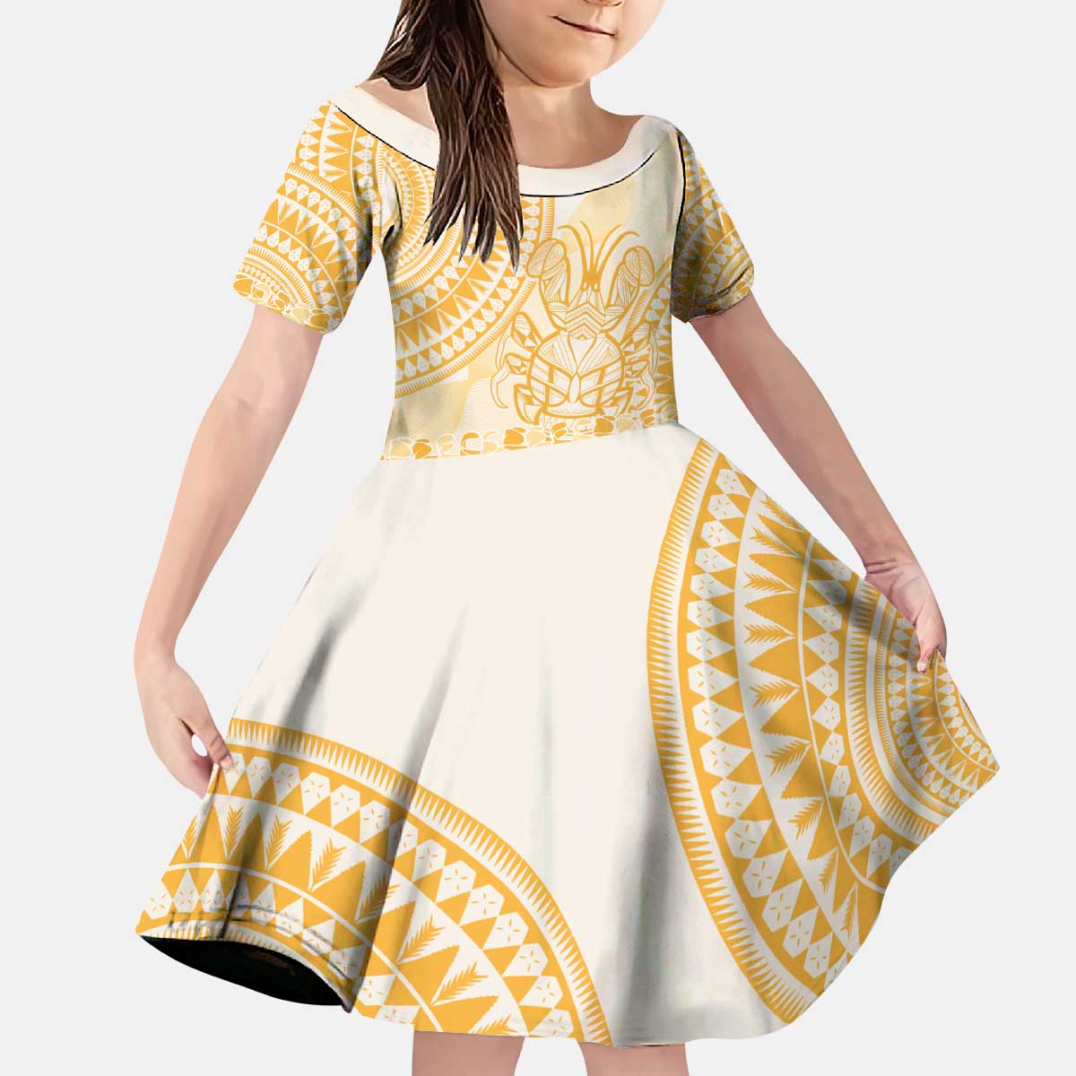 Niue Language Week Kid Short Sleeve Dress The Rock Coconut Crab - Siapo Gold Pastel