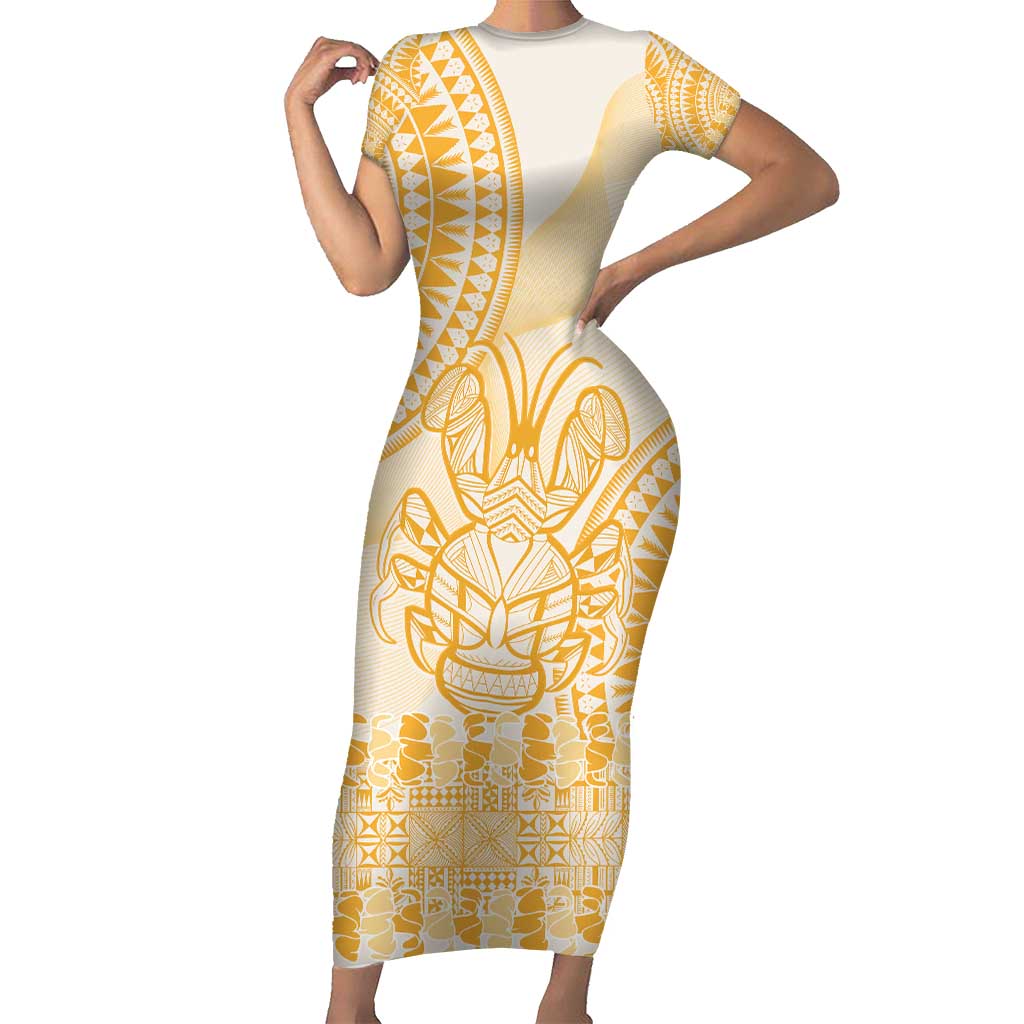 Niue Language Week Short Sleeve Bodycon Dress The Rock Coconut Crab - Siapo Gold Pastel