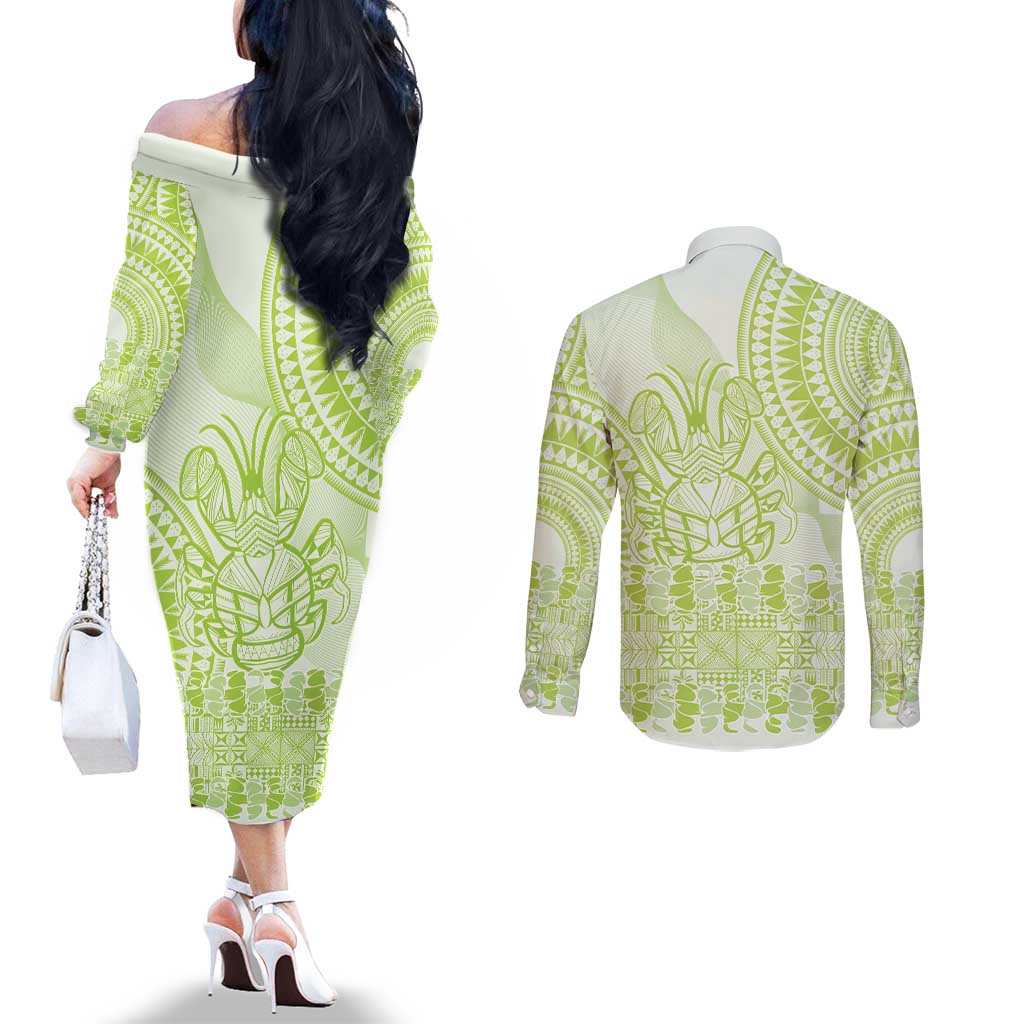Lime Green Niue Language Week Couples Matching Off The Shoulder Long Sleeve Dress and Long Sleeve Button Shirt The Rock Coconut Crab - Siapo Pattern