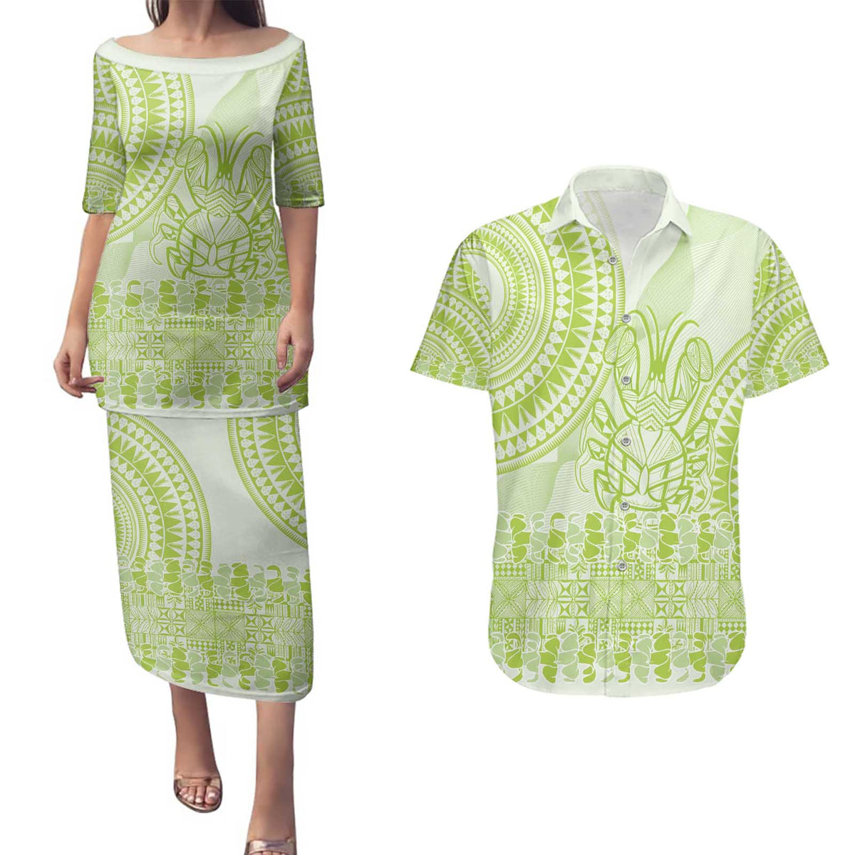 Lime Green Niue Language Week Couples Matching Puletasi and Hawaiian Shirt The Rock Coconut Crab - Siapo Pattern