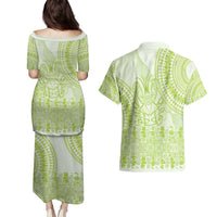 Lime Green Niue Language Week Couples Matching Puletasi and Hawaiian Shirt The Rock Coconut Crab - Siapo Pattern