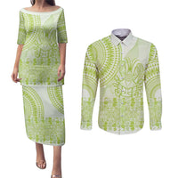 Lime Green Niue Language Week Couples Matching Puletasi and Long Sleeve Button Shirt The Rock Coconut Crab - Siapo Pattern