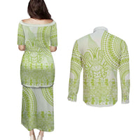 Lime Green Niue Language Week Couples Matching Puletasi and Long Sleeve Button Shirt The Rock Coconut Crab - Siapo Pattern