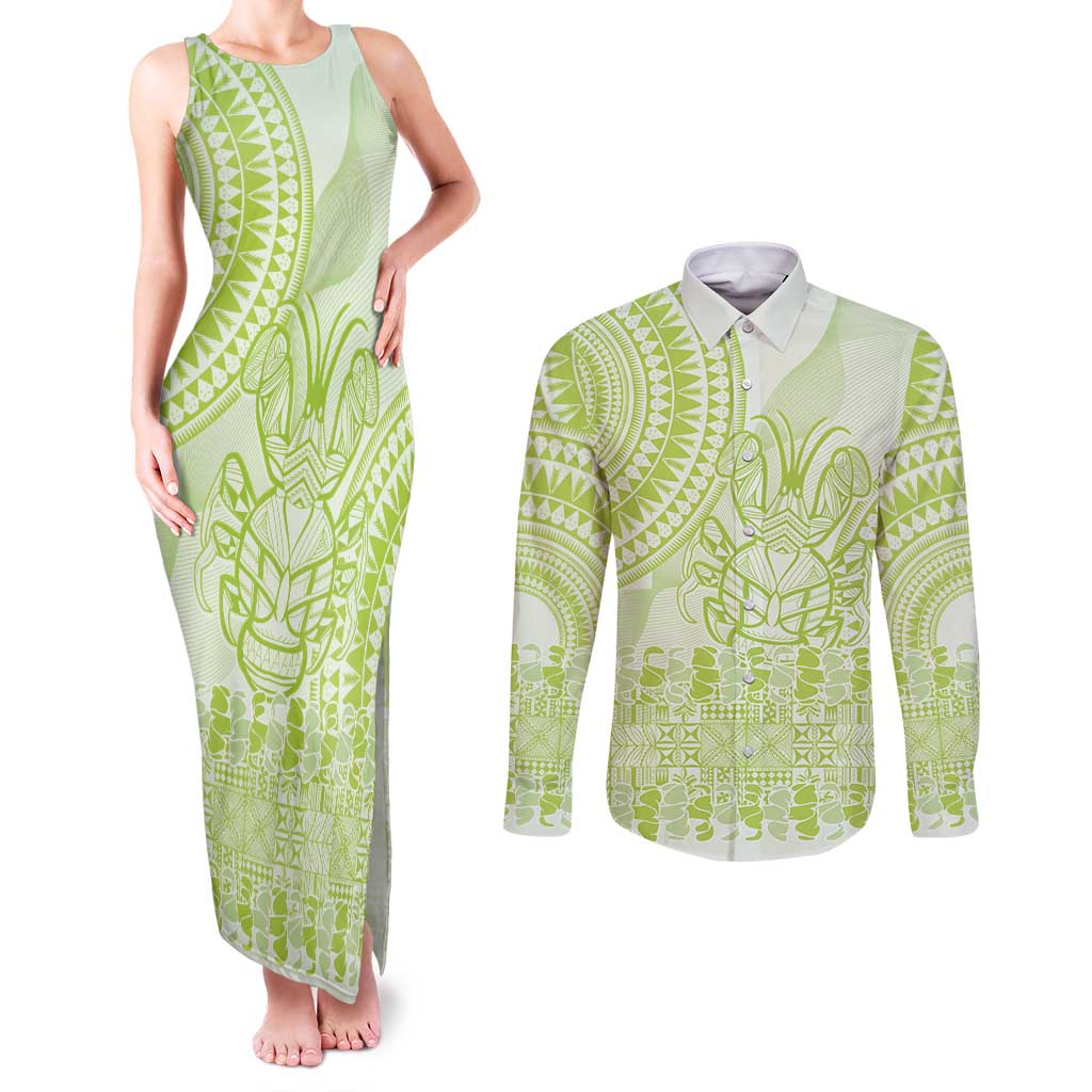 Lime Green Niue Language Week Couples Matching Tank Maxi Dress and Long Sleeve Button Shirt The Rock Coconut Crab - Siapo Pattern