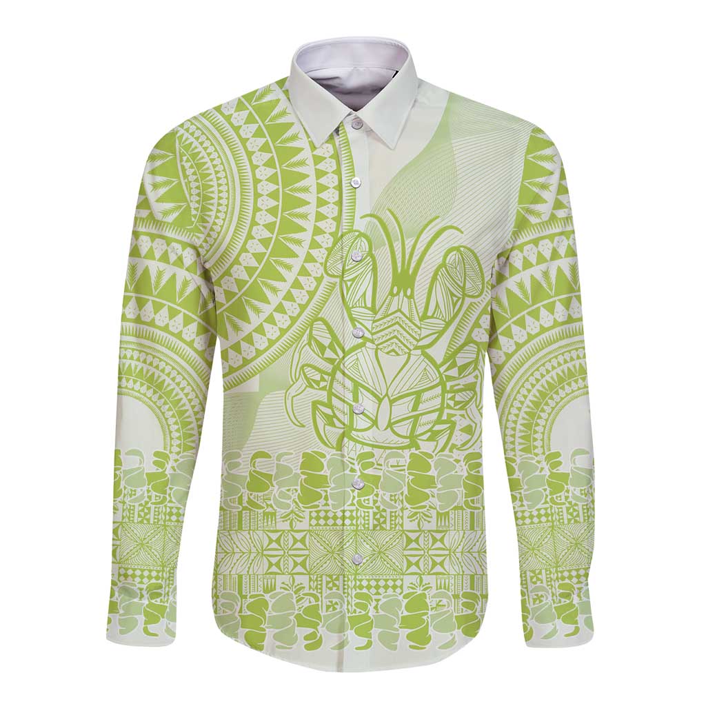 Lime Green Niue Language Week Long Sleeve Button Shirt The Rock Coconut Crab - Siapo Pattern