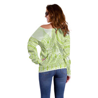 Lime Green Niue Language Week Off Shoulder Sweater The Rock Coconut Crab - Siapo Pattern