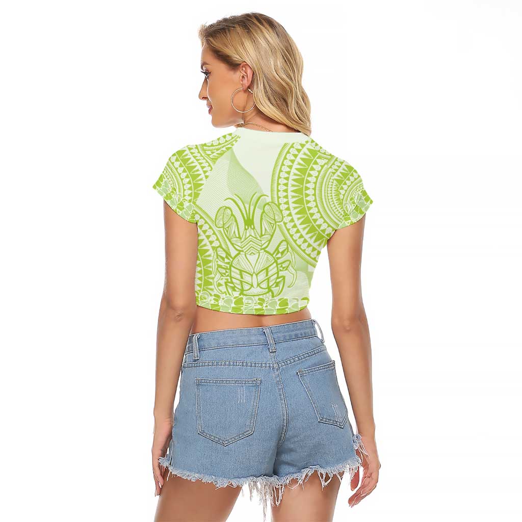 Lime Green Niue Language Week Raglan Cropped T Shirt The Rock Coconut Crab - Siapo Pattern