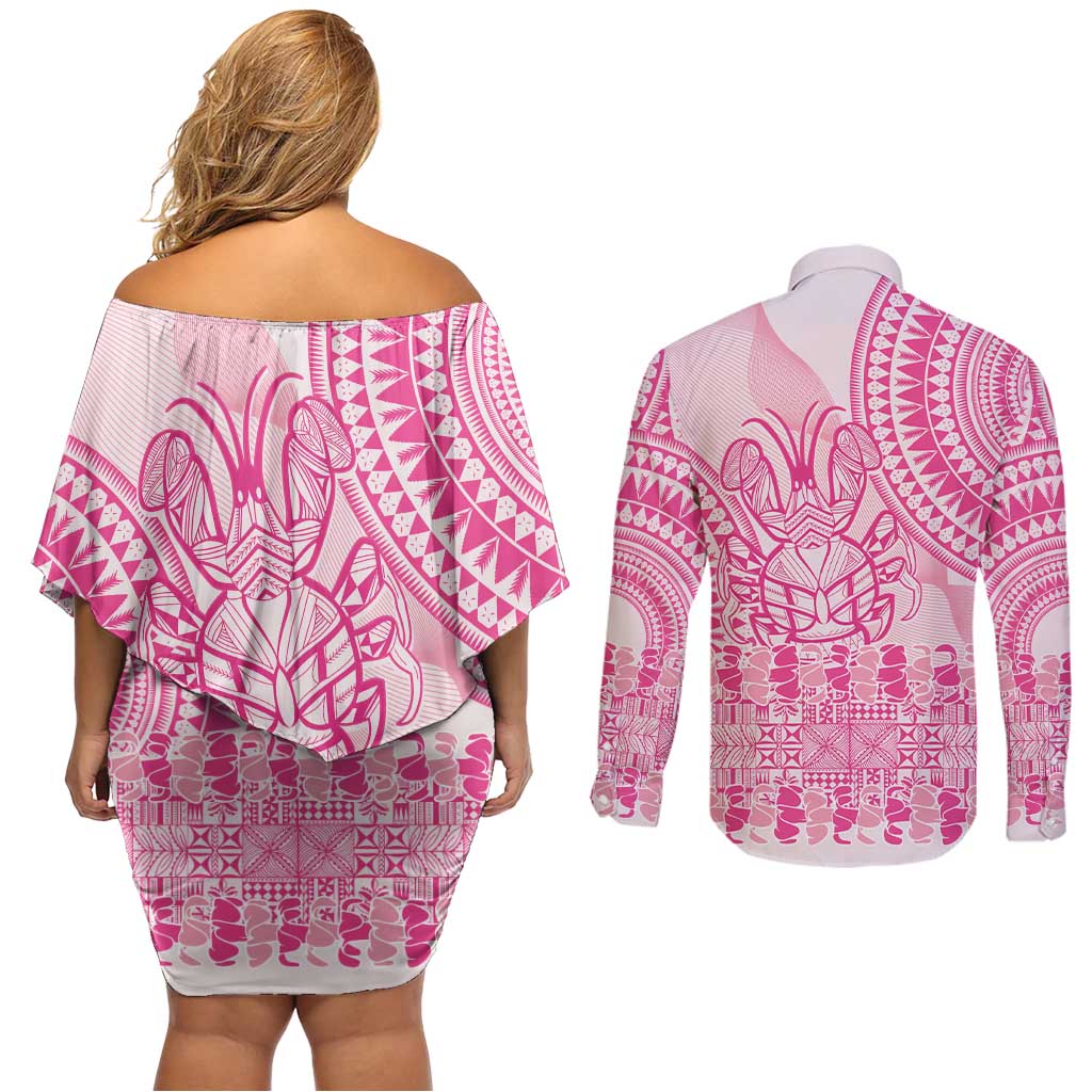 Pink Niue Language Week Couples Matching Off Shoulder Short Dress and Long Sleeve Button Shirt The Rock Coconut Crab - Siapo Pattern