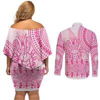 Pink Niue Language Week Couples Matching Off Shoulder Short Dress and Long Sleeve Button Shirt The Rock Coconut Crab - Siapo Pattern