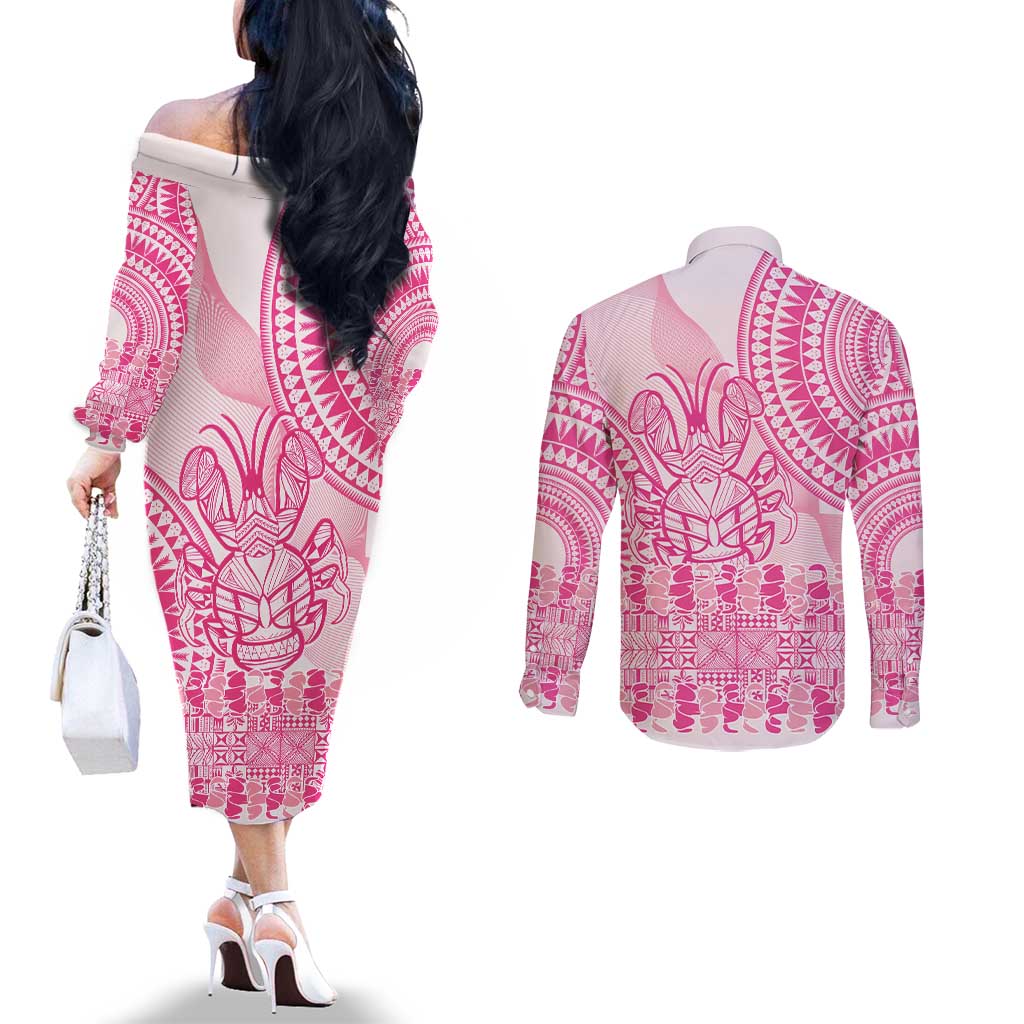 Pink Niue Language Week Couples Matching Off The Shoulder Long Sleeve Dress and Long Sleeve Button Shirt The Rock Coconut Crab - Siapo Pattern