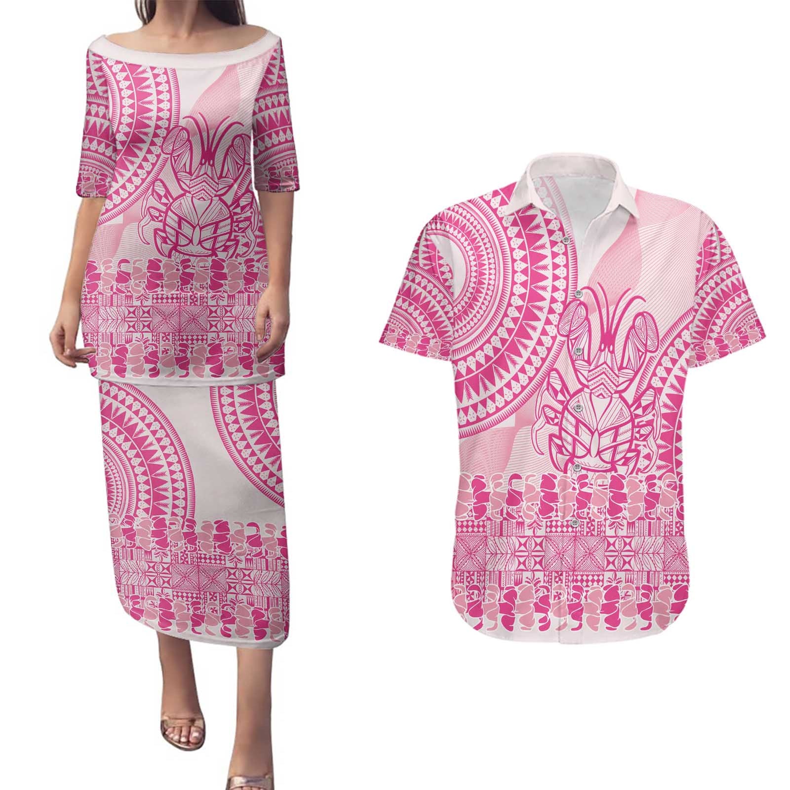 Pink Niue Language Week Couples Matching Puletasi and Hawaiian Shirt The Rock Coconut Crab - Siapo Pattern
