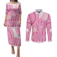 Pink Niue Language Week Couples Matching Puletasi and Long Sleeve Button Shirt The Rock Coconut Crab - Siapo Pattern