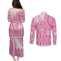 Pink Niue Language Week Couples Matching Puletasi and Long Sleeve Button Shirt The Rock Coconut Crab - Siapo Pattern