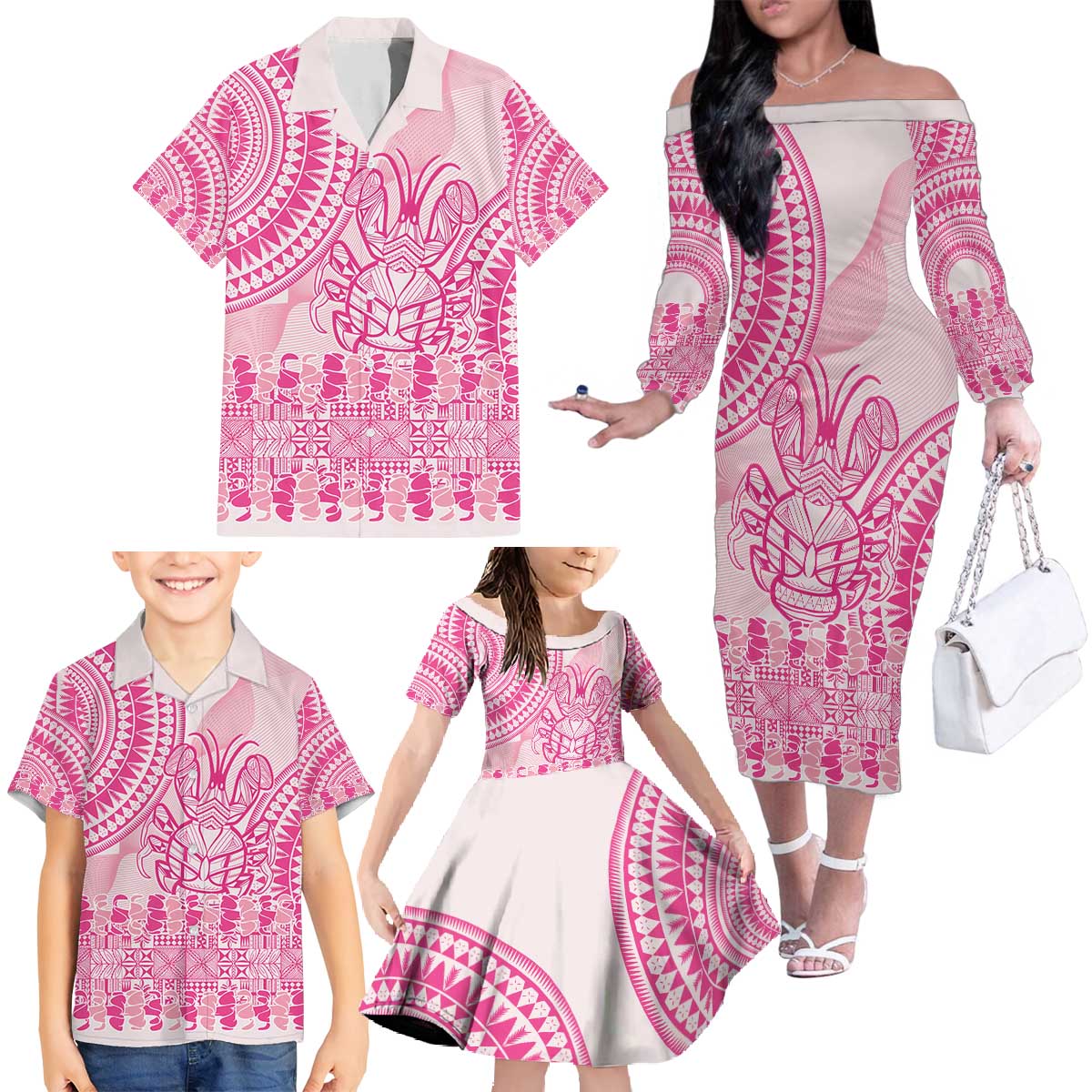 Pink Niue Language Week Family Matching Off The Shoulder Long Sleeve Dress and Hawaiian Shirt The Rock Coconut Crab - Siapo Pattern