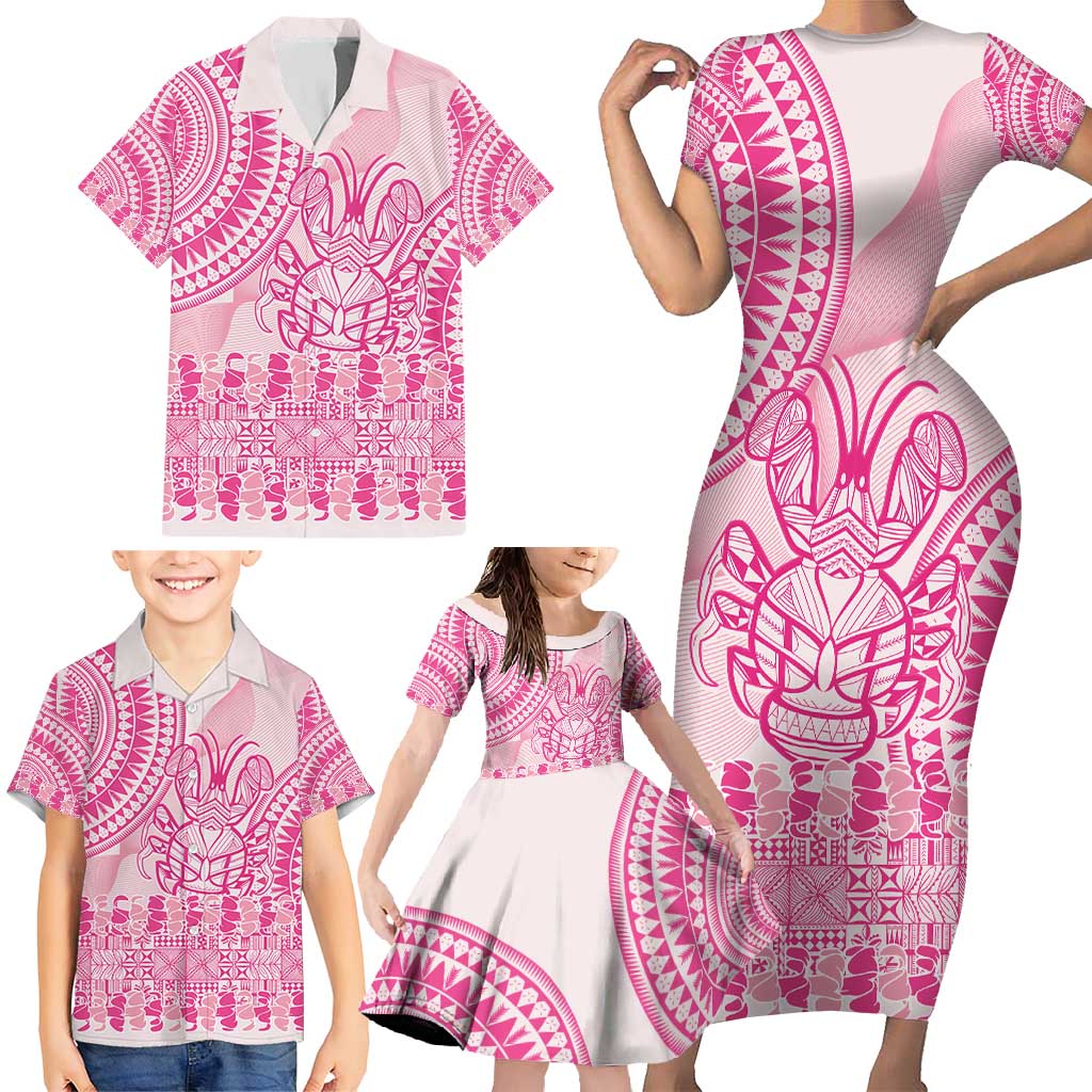 Pink Niue Language Week Family Matching Short Sleeve Bodycon Dress and Hawaiian Shirt The Rock Coconut Crab - Siapo Pattern