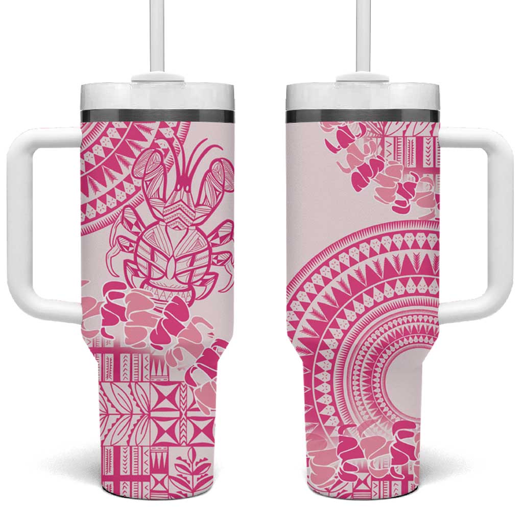 Pink Niue Language Week Tumbler With Handle The Rock Coconut Crab - Siapo Pattern