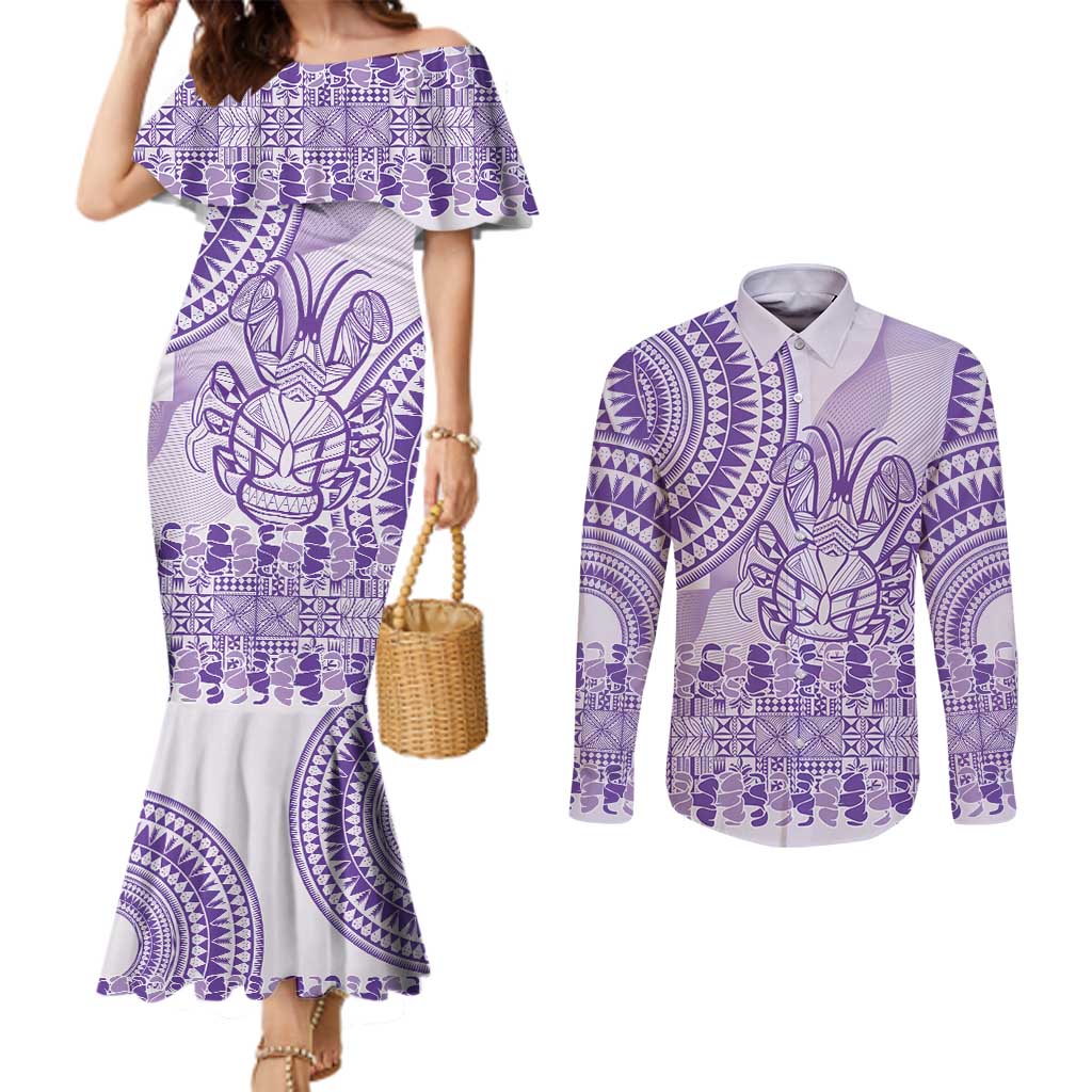 Purple Niue Language Week Couples Matching Mermaid Dress and Long Sleeve Button Shirt The Rock Coconut Crab - Siapo Pattern